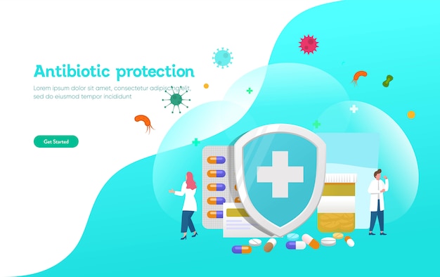 Concetto di illustrazione di protezione antibiotica, la gente combatte con virus e batteri con scudo e pillola, poster