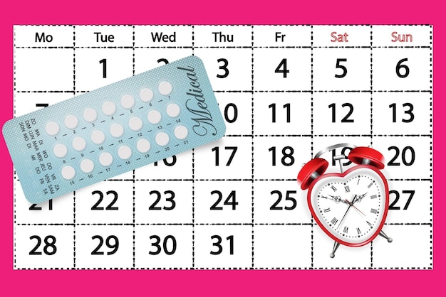 Vector anticonceptiepillen op een kalenderachtergrond met een wekker in de vorm van een hart orale anticonceptie voor vrouwen zwangerschapsplanningsconcept realistische blister met anticonceptiepillen