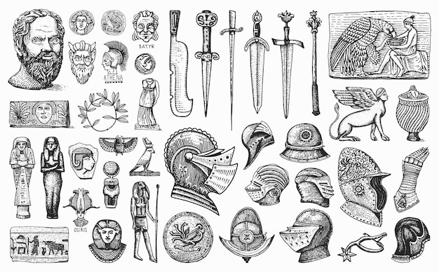 Antieke elementen. ridderlijke wapens en bepantsering. egyptische vazen, mummie en sarcofaag. oude beelden en zwaarden.