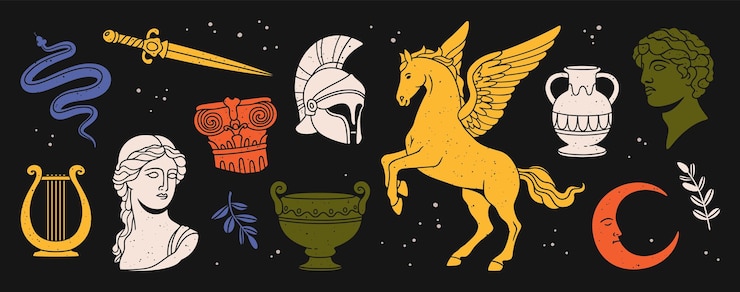 Vector antieke griekse oude standbeeld cartoon klassieke griekenland vrouwelijke en mannelijke sculpturen marmeren hoofd gips lichaam mythische sculpturale elementen pegasus en takken vector collectie
