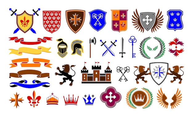 Vector antieke heraldische embleem sjablonen traditionele middeleeuwse wapen en schilden etiketten koninklijke kroon leeuw en lint vector set kasteel gekruiste zwaarden en sleutels nobele krans geïsoleerde elementen