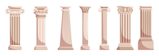 Antieke marmeren of stenen pilaren geïsoleerd op witte achtergrond Oude klassieke zuilen van Romeinse of Griekse architectuur