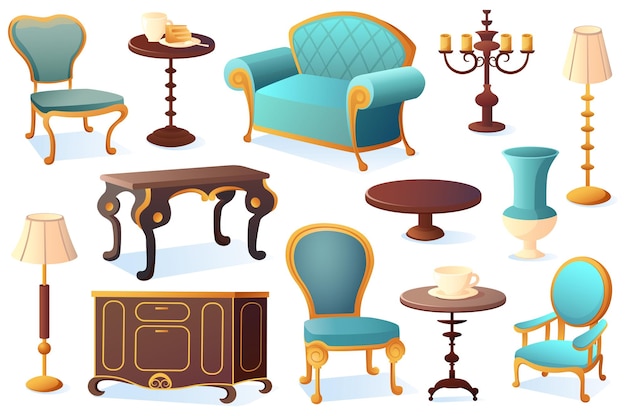 Vector antieke meubelset een plat ontwerp in cartoonstijl met een set antieke meubels
