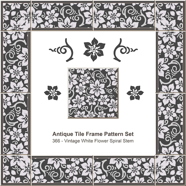 Antieke tegel frame patroon set vintage witte bloem spiraalvormige stam