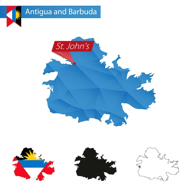 수도 세인트 존스가 있는 앤티가 바부다 블루 로우 폴리 지도