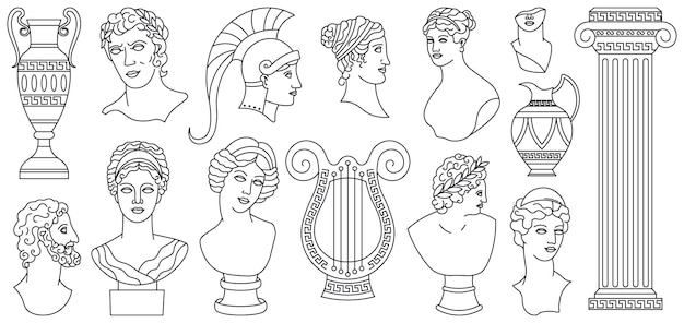 Антикварные древнегреческие головы, скульптуры, архитектурные. Греческие мраморные статуи, вазы, набор векторных иллюстраций бюста богини. Мифические античные греческие скульптуры. Набор головы античная греция, статуя