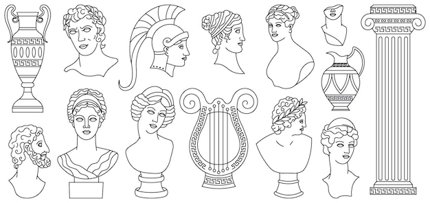 Antique ancient greece heads, sculptures, architectural. Greek marble statues, vases, goddess bust vector illustration set. Mythical antique greek sculptures. Set of head antique greece, statue