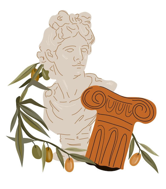 Antique Apollo god marble statue and amphora vase with olive branches flat vector isolated