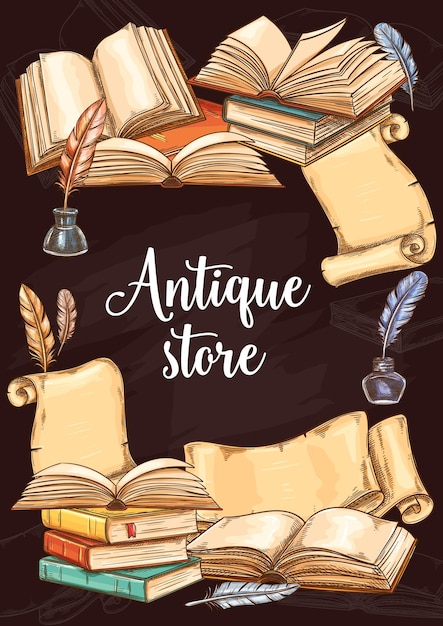 Antique books shop vintage vector sketch poster