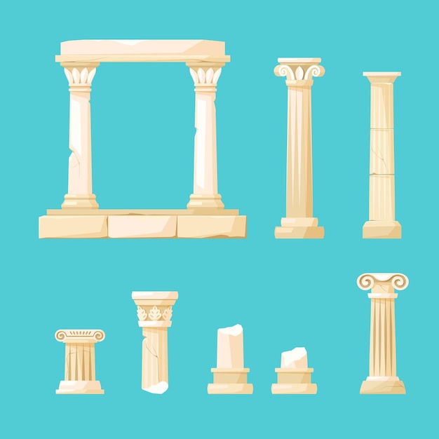 Antique broken greek columns vintage buildings set prehistoric ancient roman pillar ancient architecture cartoon constructor vector cartoon illustration