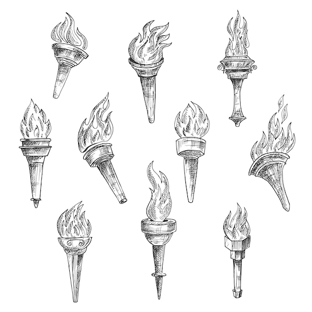 Antique burning torches with curly fire flames in vintage sketch engraving style. Addition to sport, history, religion theme