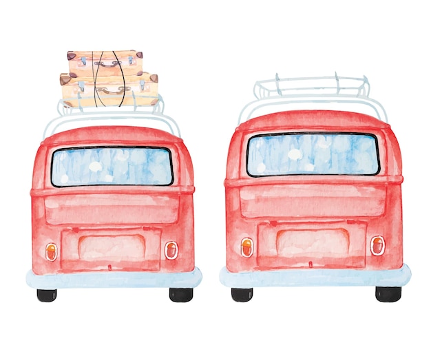 Antique car with watercolor.Classic van cute.transportation vehicle.Toy car.