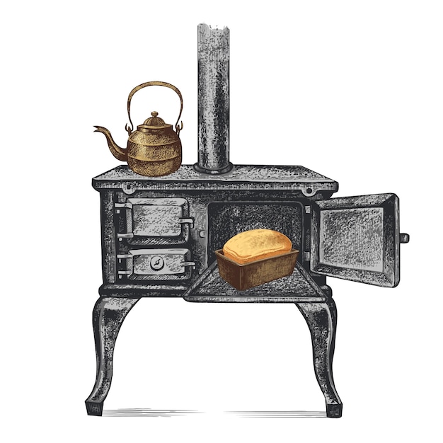オープンオーブンケトルと焼きたてのパンを備えたアンティークの鋳鉄ストーブ。ベクトルヴィンテージ図面。