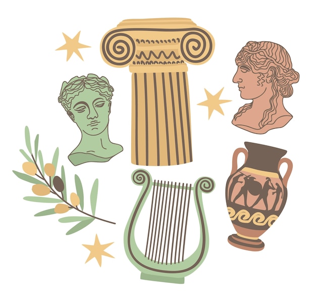 Antique collection statues vase column olives harp vector isolated illustration