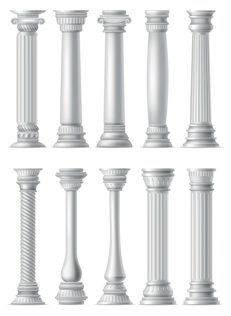 Vettore set di icone realistiche per colonne antiche colonne classiche in pietra di architettura romana o greca con ornamento ritorto e scanalato per il design della facciata