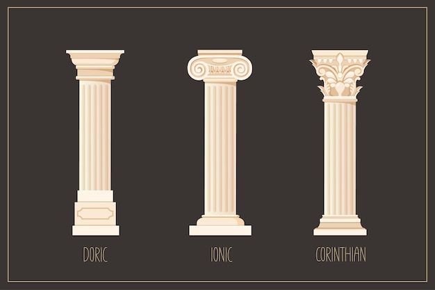 Antique columns set with different styles of greek architecture