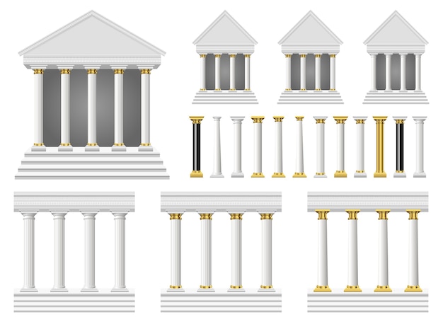 Antique columns and temple, isolated on white background