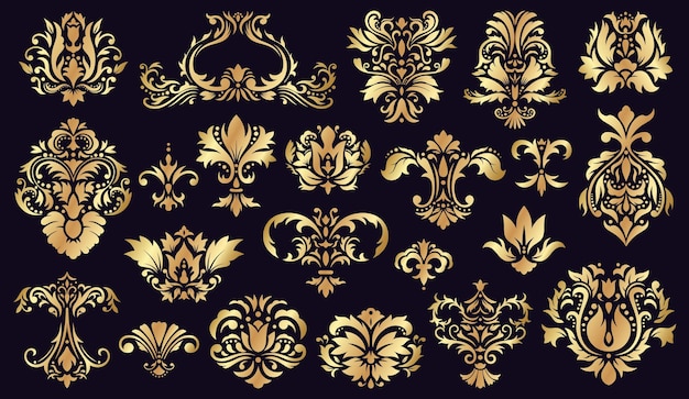 Vector antique damask ornaments. golden baroque rococo decorative floral elements isolated set