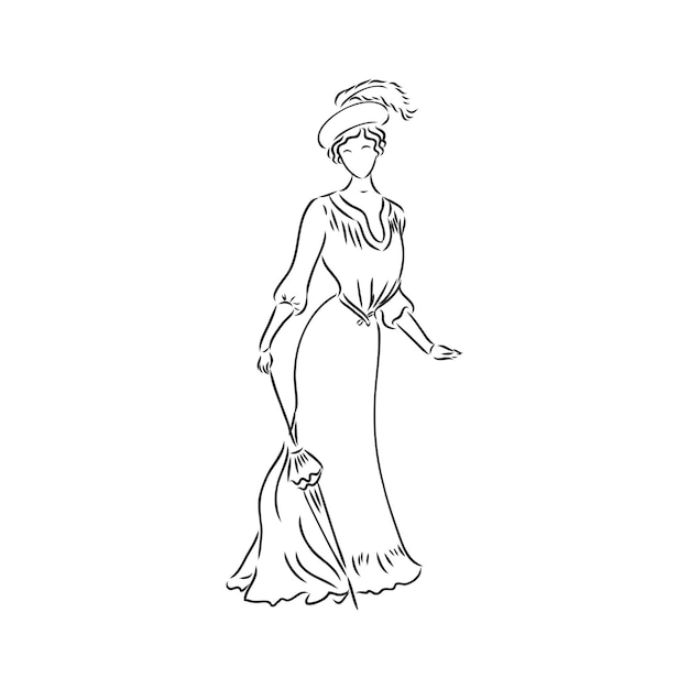 Antique dressed lady Old fashion vector illustration Victorian woman in historical dress