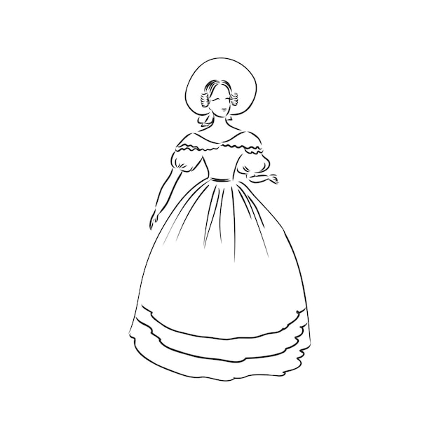 Antique dressed lady Old fashion vector illustration Victorian woman in historical dress