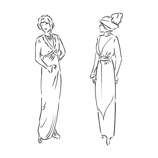 Antique dressed lady Old fashion vector illustration Victorian woman in historical dress