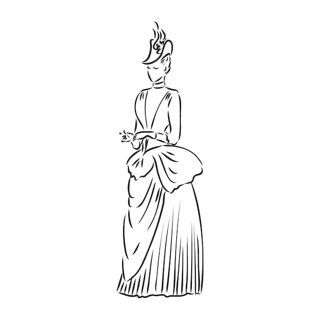 アンティークの服を着た女性古いファッションのベクトルイラスト歴史的なドレスのビクトリア朝の女性