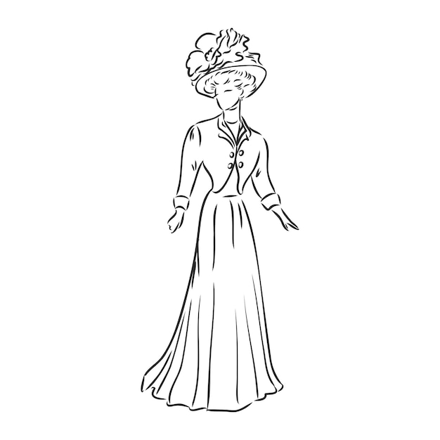 Antique dressed lady Old fashion vector illustration Victorian woman in historical dress