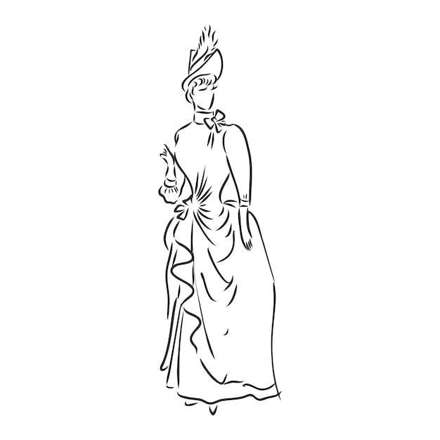 アンティークの服を着た女性古いファッションのベクトルイラスト歴史的なドレスのビクトリア朝の女性