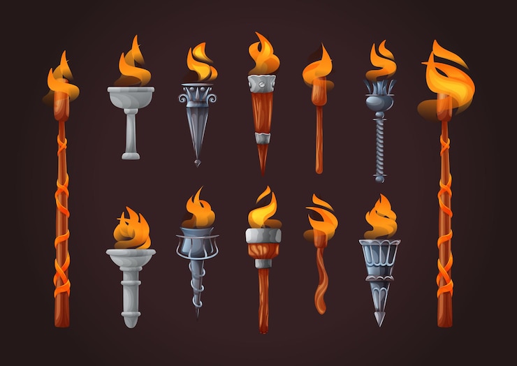 Vector antique fairy tail torch with brightly burning fire set. ancient championship traditional light