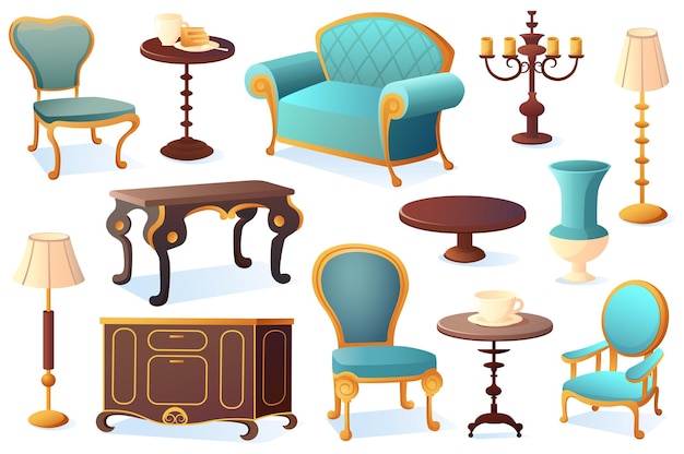 Vector antique furniture set a flat cartoonstyle design featuring a set of antique furniture