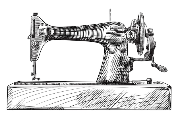 Premium Vector  Antique hand sewing machine on a wooden base sketch