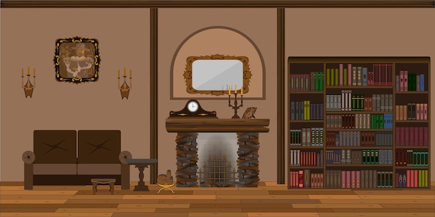 Vector antique living room or library interior background with fireplace