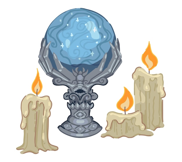 Antique magic crystal ball and candles Occult fortune telling witchcraft esoteric item Halloween vector illustration in cartoon style Modern clipart isolated on white