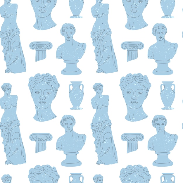 Antique marble statue seamless pattern Greek or roman sculptures gods and goddesses Body parts faces with texture Man woman column and vase decor textile wrapping paper wallpaper Vector print