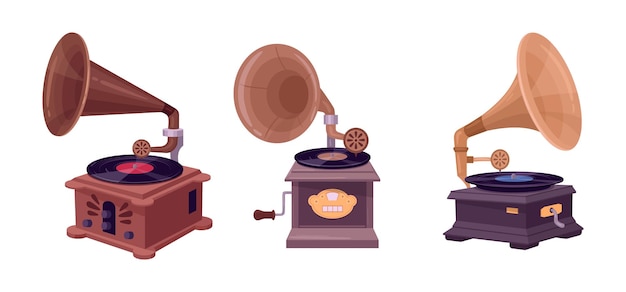 Antique music gramophones old school gramophone player for listening music flat vector illustration set retro nostalgic music devices