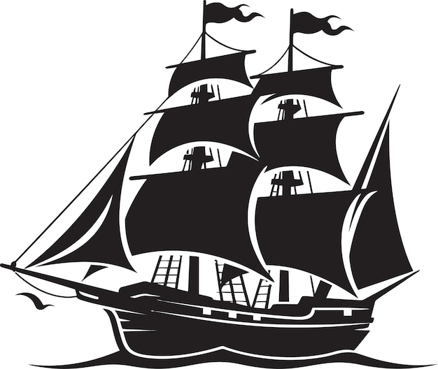 Античная навигация Черная корабль Эмблема Исторический галеон Вектор Древний корабль