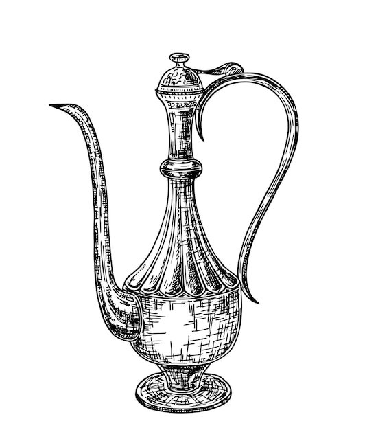 Vector antique oriental carved jug turkish arabic teapot sketch traditional eastern coffee pot jug dallah