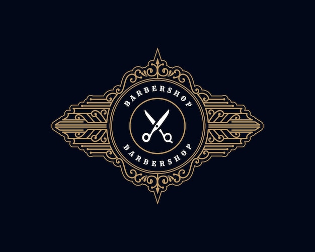 Vector antique royal luxury victorian calligraphic logo with ornamental frame for barbershop hair salon