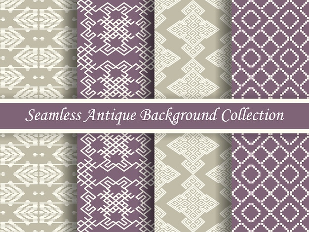 Antique seamless elegant purple and beige tone pattern collection, four stylish retro design.