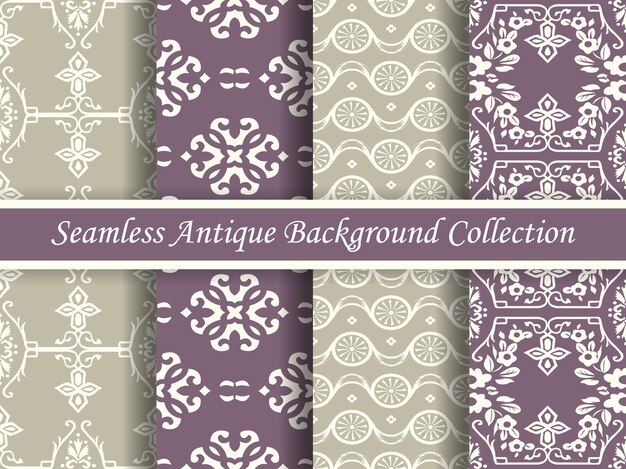 Vector antique seamless elegant purple and beige tone pattern collection, four stylish retro design.