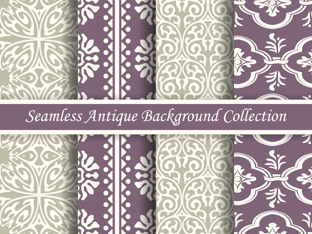 Antique seamless elegant purple and beige tone pattern collection, four stylish retro design.