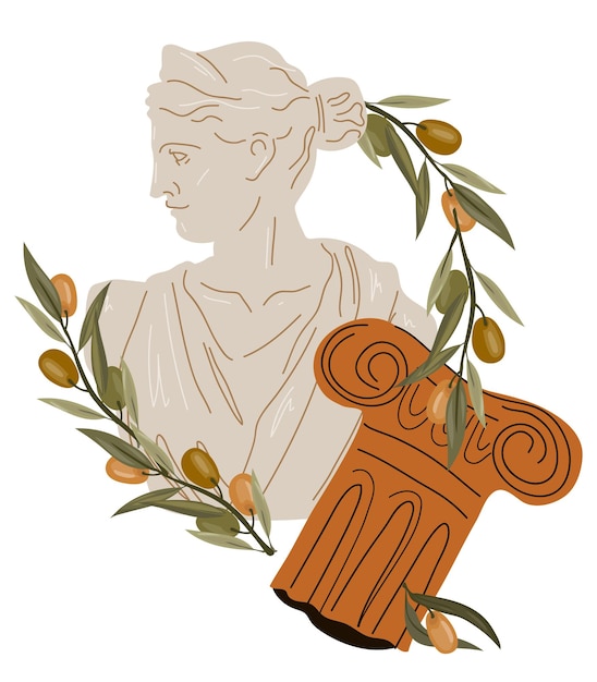 Antique statue and amphora vase with olive branches flat vector isolated