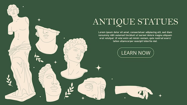 Vector antique statues banner concept marble sculptures of people and busts historical exhibition in museum ancient creativity and art landing page design cartoon flat vector illustration