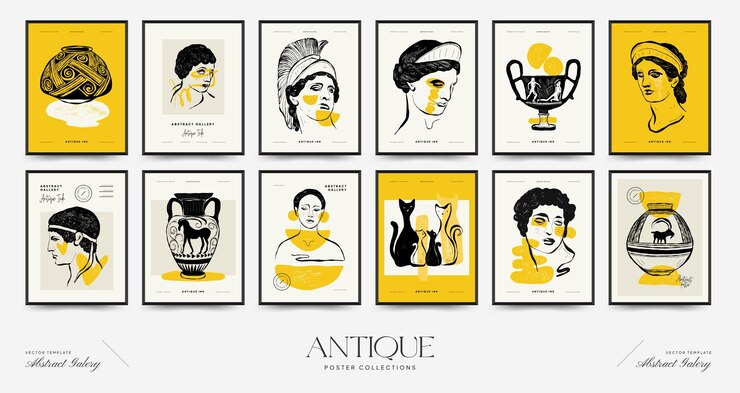 Vector antique statues vertical posters template. modern card, wall art.