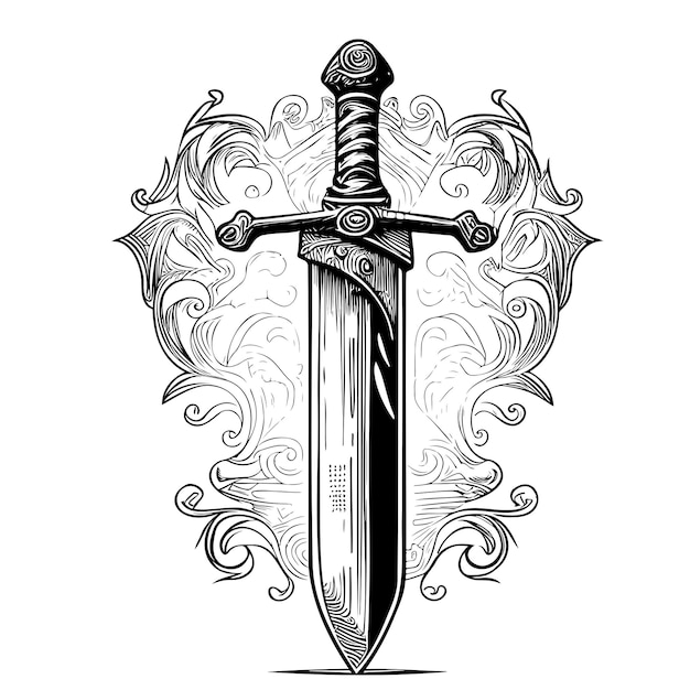 Векторная иллюстрация старинного меча, нарисованная вручную