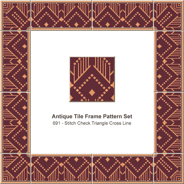 Antique tile frame pattern set aboriginal stitch check triangle cross line, ceramic decoration.