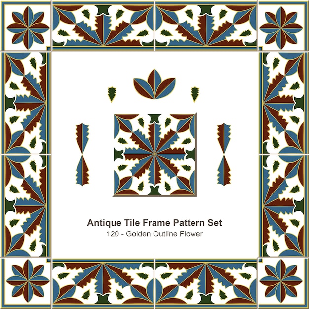 Antique tile frame pattern set botanic golden outline flower