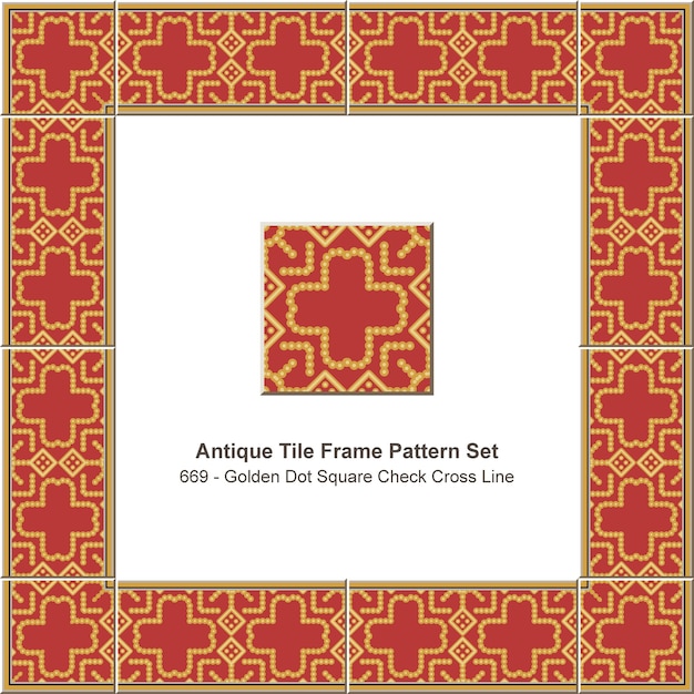 Antique tile frame pattern set golden check square cross dot line, ceramic decoration.