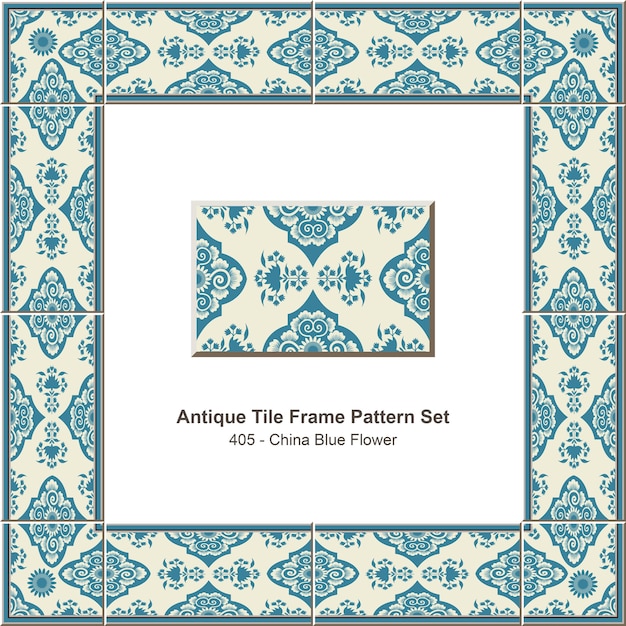 Antique tile frame pattern set oriental china blue flower