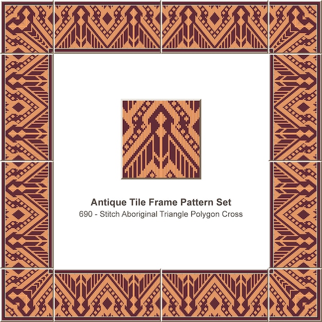 Antique tile frame pattern set stitch aboriginal triangle polygon cross geometry, ceramic decoration.